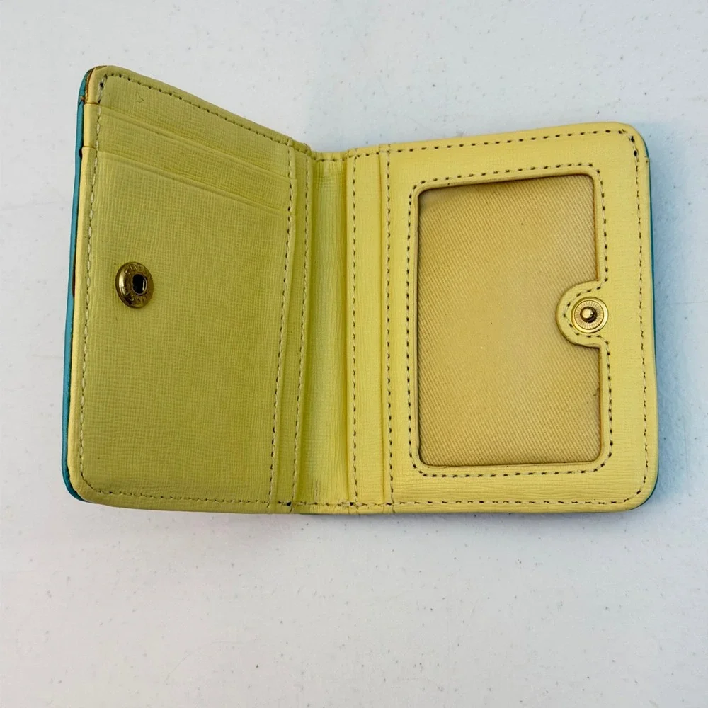 Fossil Blue Leather Bifold Wallet Yellow Interior ID Window Compact Coin Purse